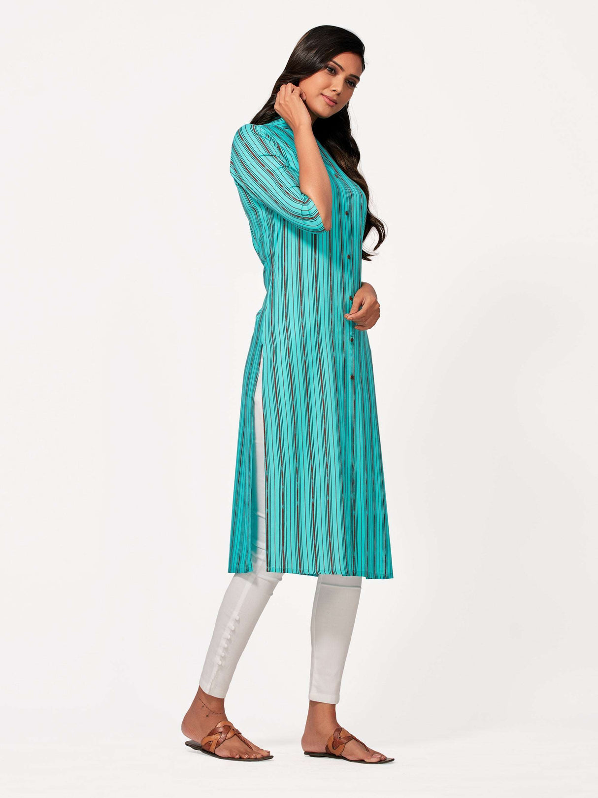 Mimosa Women Turquoise Blue Color Printed Straight Kurta