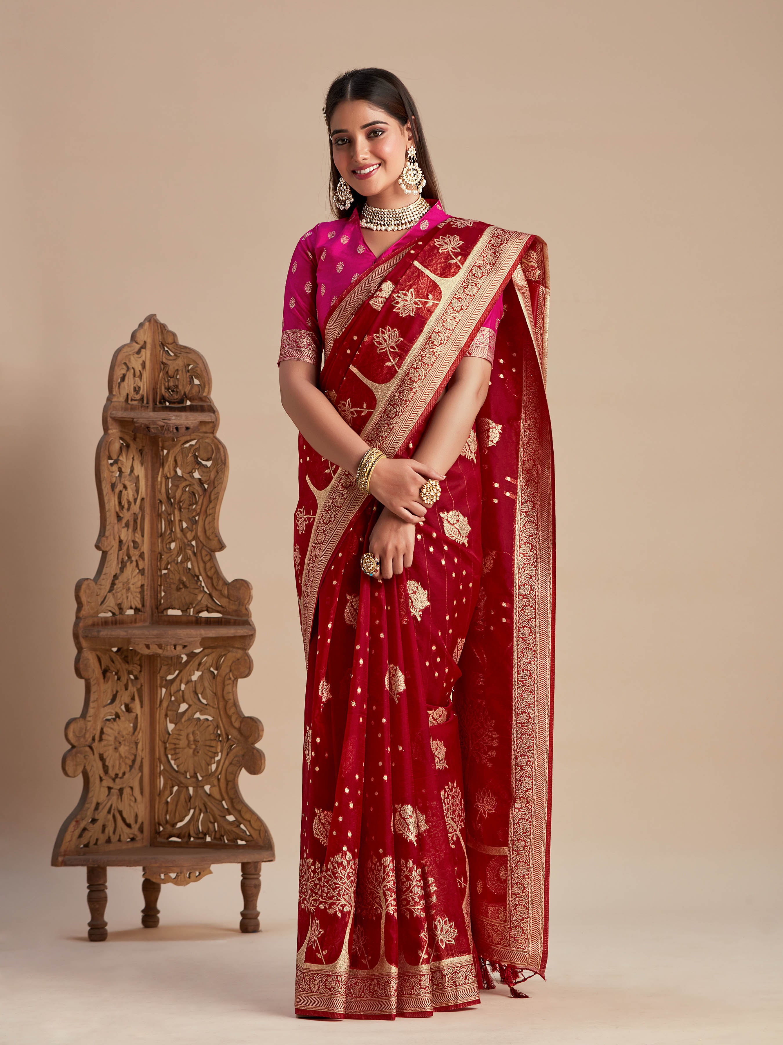 Hand-Painted Banarasi Organza Saree with Banarasi Organza newest Blouse Piece