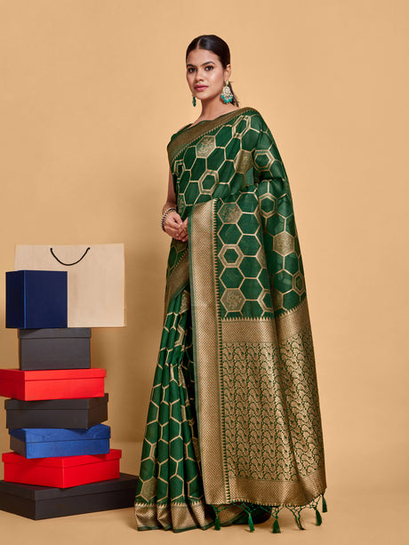 Mimosa Women's Woven Design Banarasi Linen Saree With Blouse Piece : SA00001235BGFREE