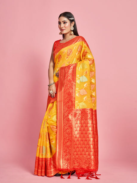 Mimosa Women's Woven Design Kanjivaram Linen Saree With Blouse Piece : SA00001248GDFREE