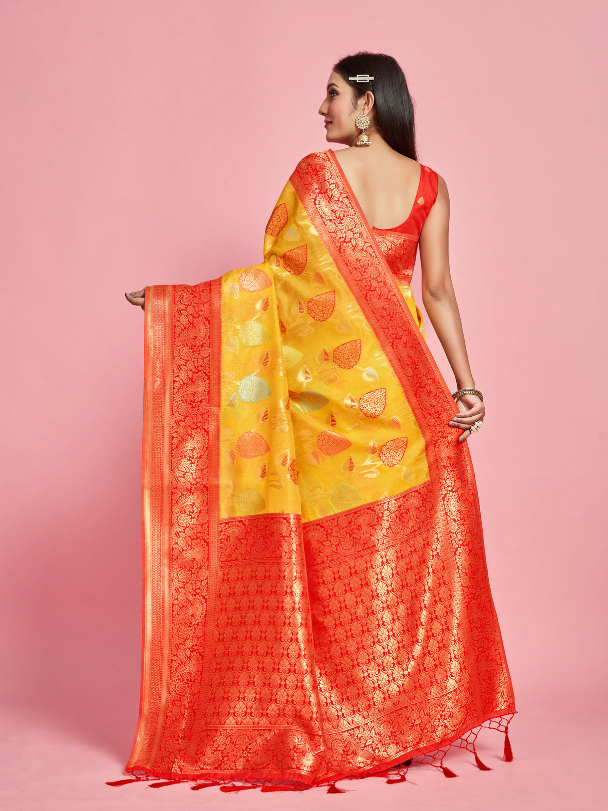 Mimosa Women's Woven Design Kanjivaram Linen Saree With Blouse Piece : SA00001248GDFREE