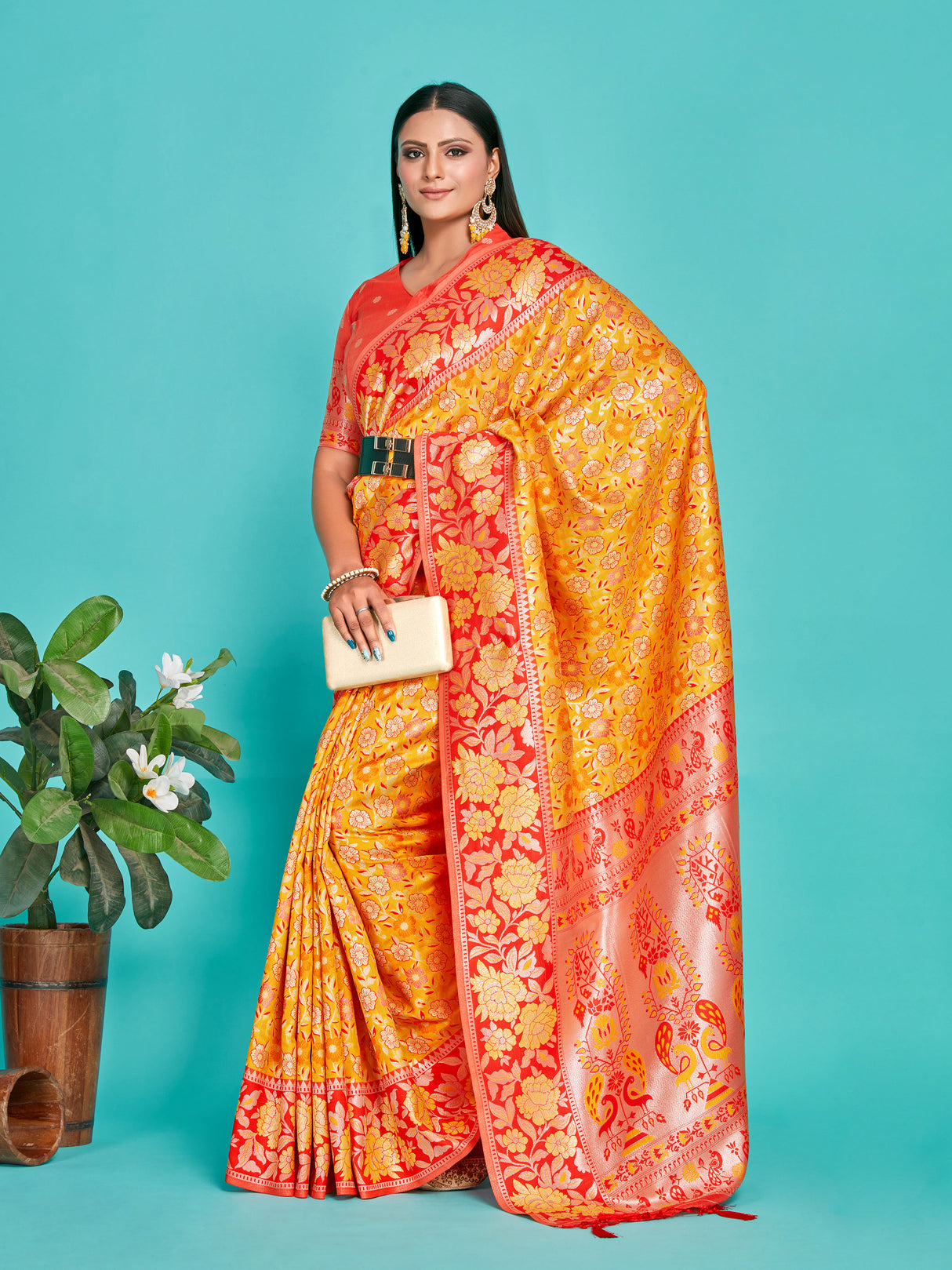 Mimosa Women's Woven Design Kanjivaram Art Silk Saree With Blouse Piece : SA00001249GDFREE