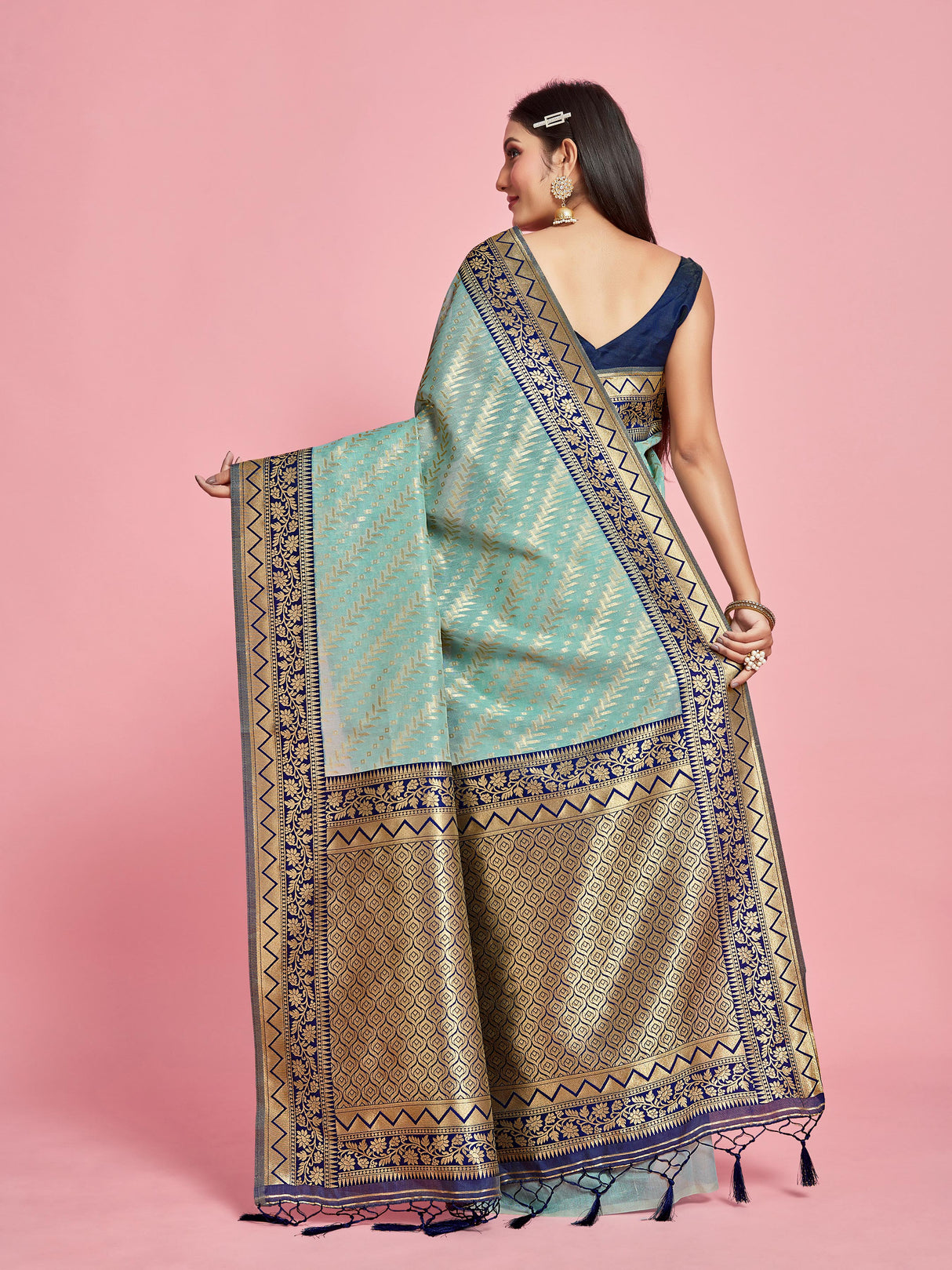 Mimosa Women's Woven Design Kanjivaram Linen Saree With Blouse Piece : SA00001256SFFREE