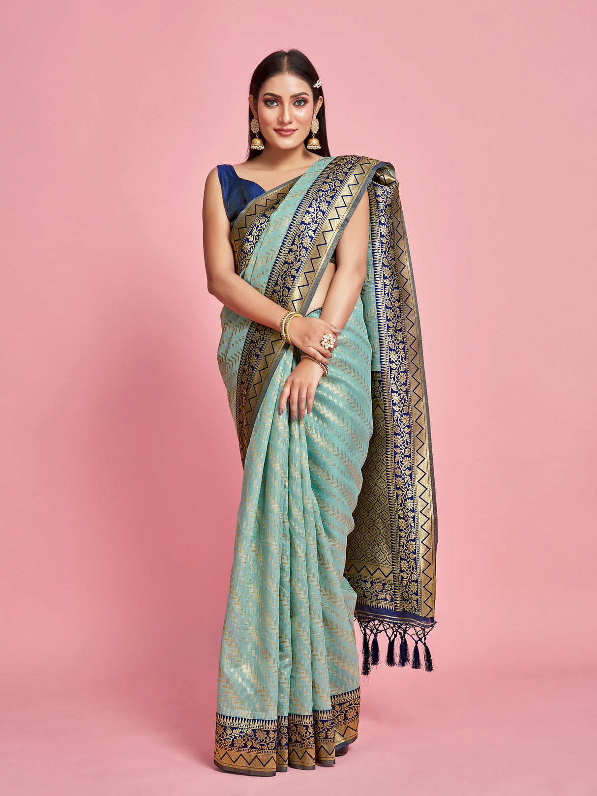 Mimosa Women's Woven Design Kanjivaram Linen Saree With Blouse Piece : SA00001256SFFREE