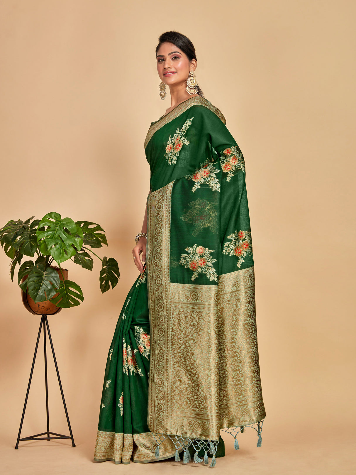 Mimosa Women's Woven Design Kanjivaram Linen Saree With Blouse Piece : SA00001258BGFREE