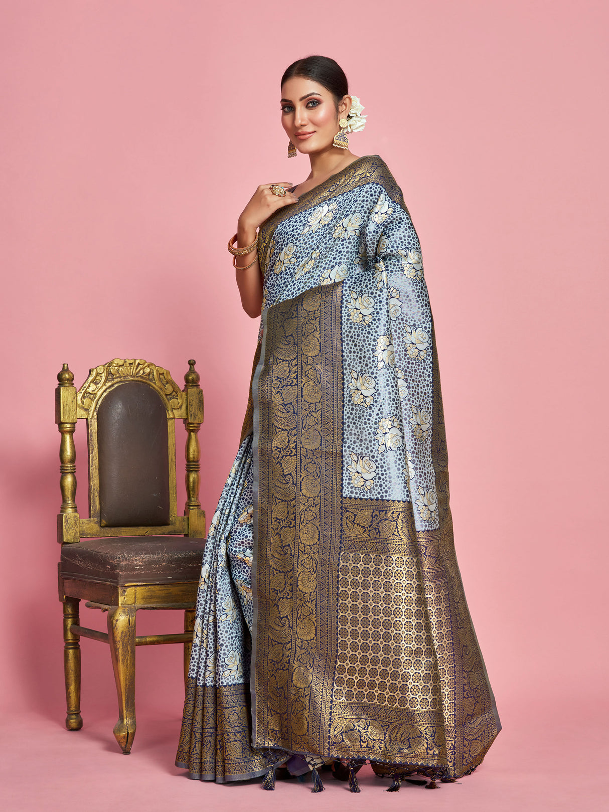 Mimosa Women's Woven Design Kanjivaram Art Silk Saree With Blouse Piece : SA00001283GYFREE