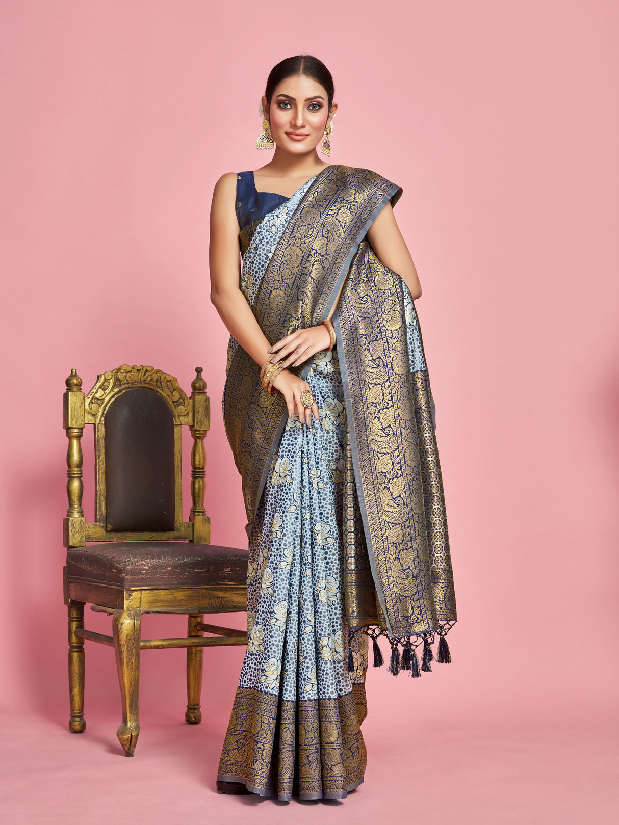 Mimosa Women's Woven Design Kanjivaram Art Silk Saree With Blouse Piece : SA00001283GYFREE