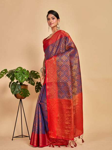 Mimosa Women's Woven Design Kanjivaram Art Silk Saree With Blouse Piece : SA00001289NVFREE