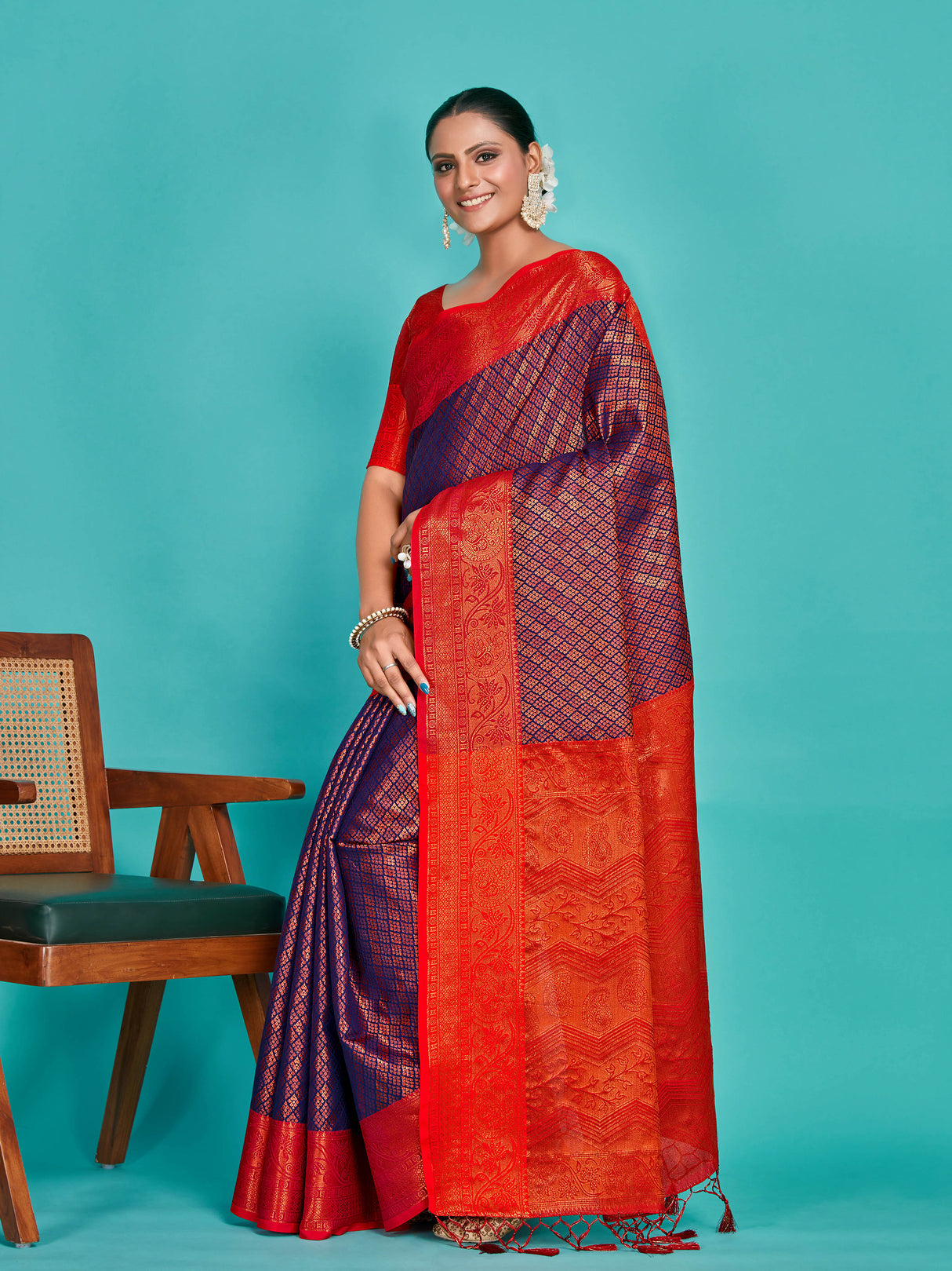 Mimosa Women's Woven Design Kanjivaram Art Silk Saree With Blouse Piece : SA00001293NVFREE