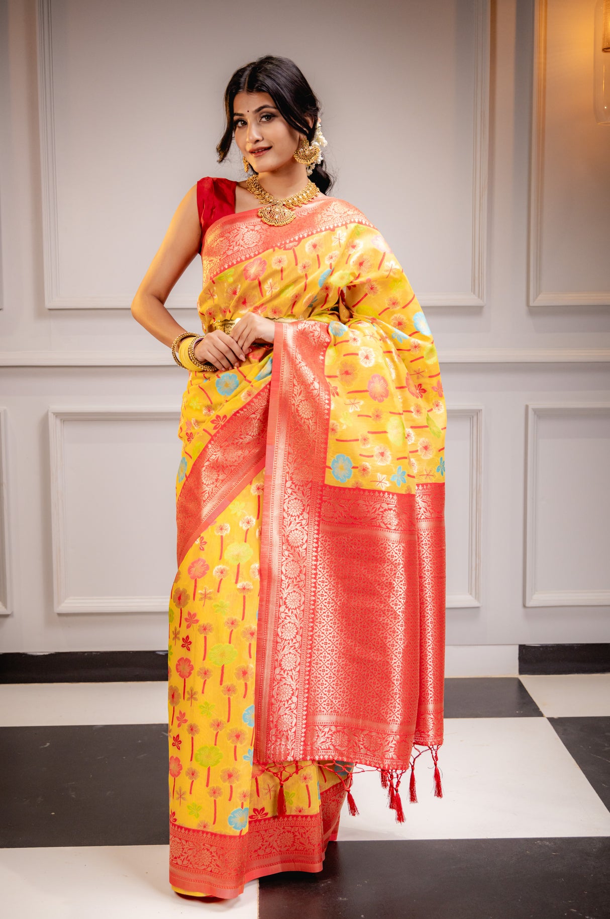 Mimosa Women's Woven Design Repated Style Art Silk Saree With Blouse Piece : SA00001583GDFREE