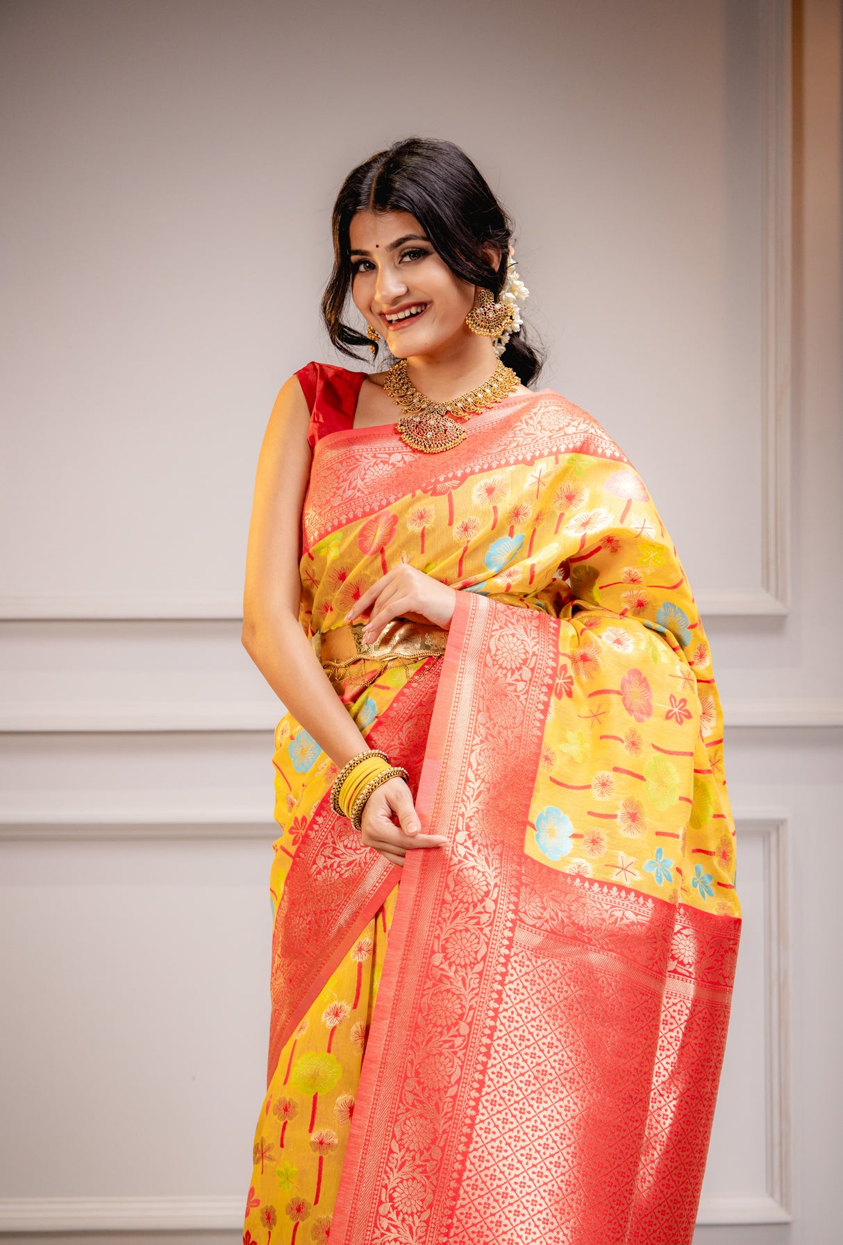 Mimosa Women's Woven Design Repated Style Art Silk Saree With Blouse Piece : SA00001583GDFREE