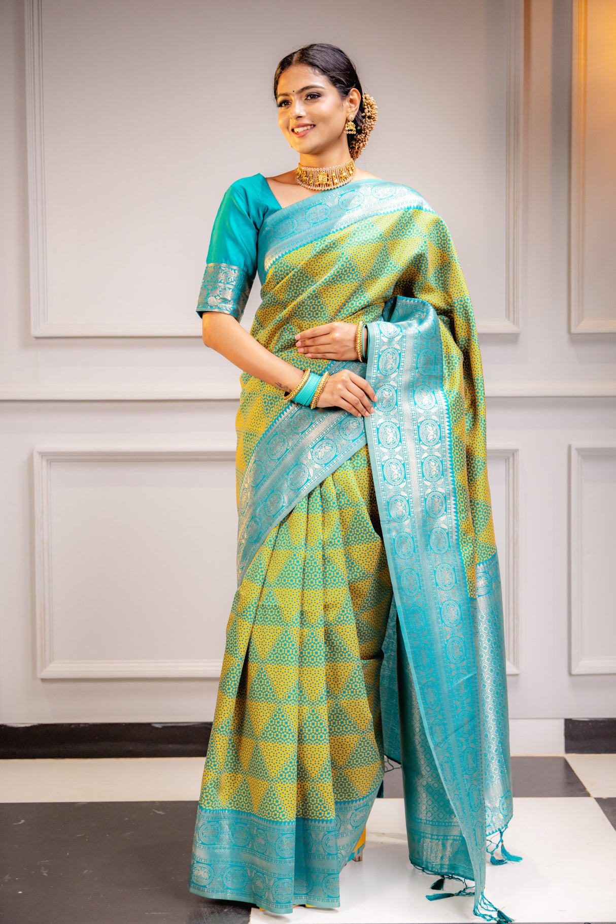 Mimosa Women's Woven Design Kanjivaram Style Art Silk Saree With Blouse Piece : SA00001592RMFREE