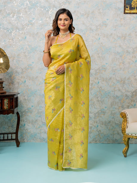 Mimosa Women's Woven Design Banarasi Style Tissue Crush Saree With Blouse Piece : SA00001884GDFREE