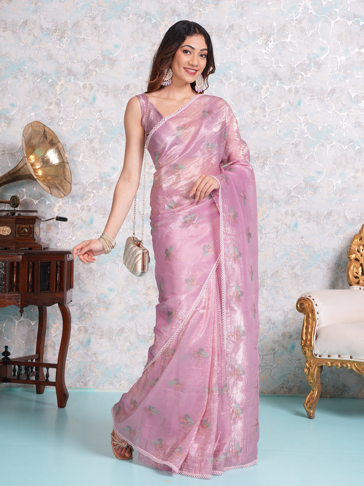 Mimosa Women's Woven Design Banarasi Style Tissue Crush Saree With Blouse Piece : SA00001884PNKFREE