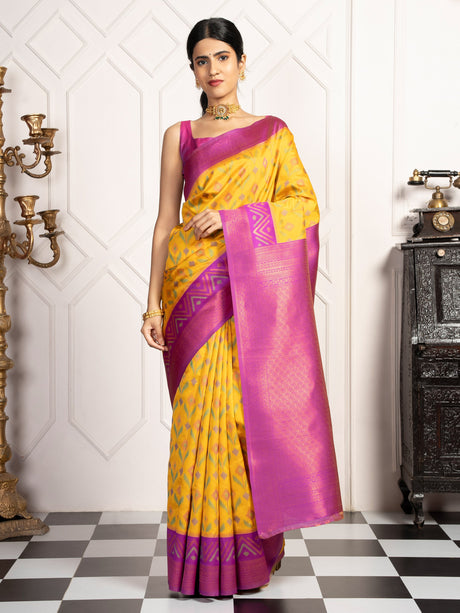 Mimosa Women's Woven Design Pochampally Style Art Silk Saree With Blouse Piece : SA00001948GDFREE