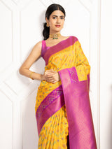 Mimosa Women's Woven Design Pochampally Style Art Silk Saree With Blouse Piece : SA00001948GDFREE