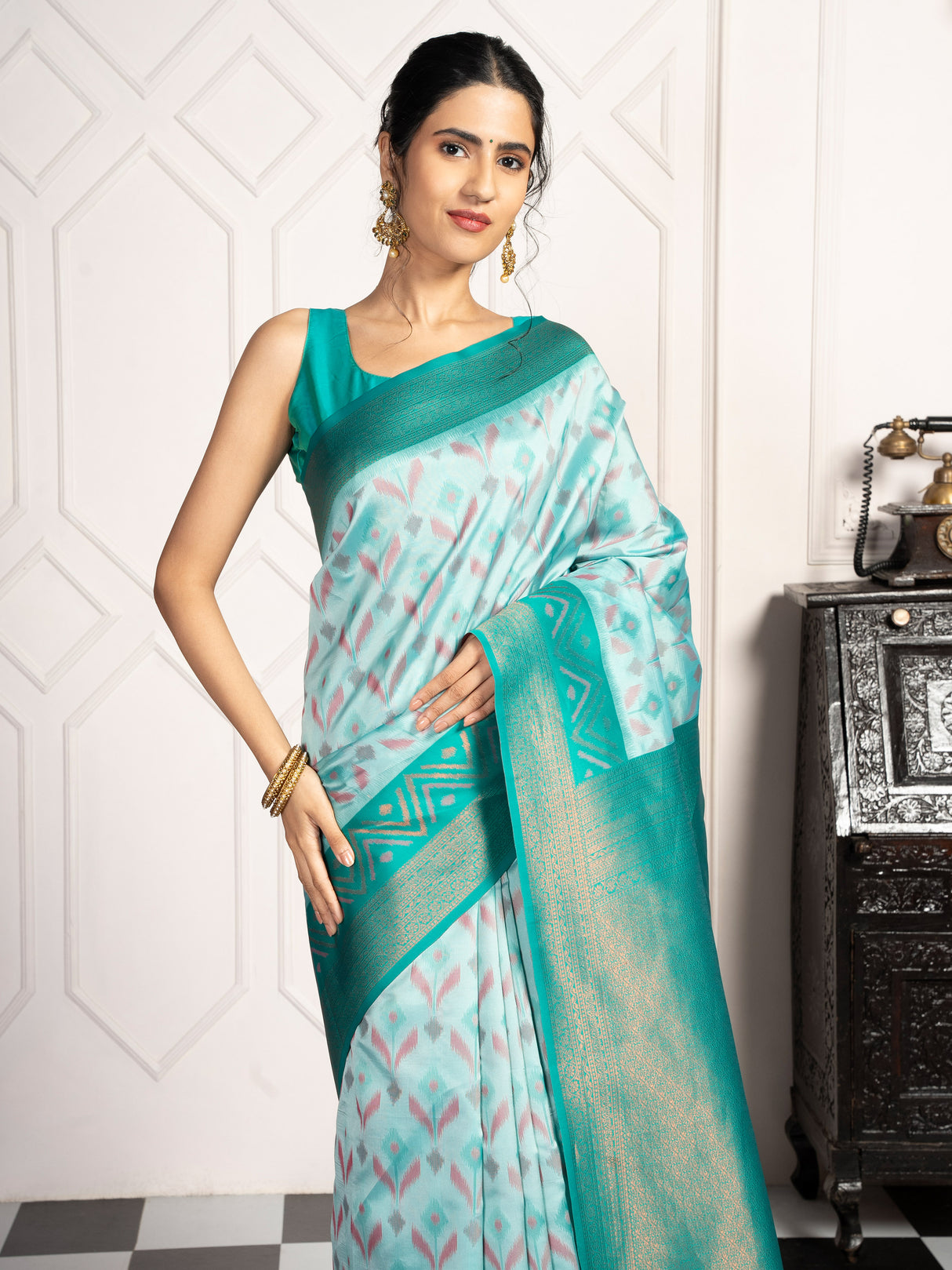 Mimosa Women's Woven Design Pochampally Style Art Silk Saree With Blouse Piece : SA00001948RMFREE