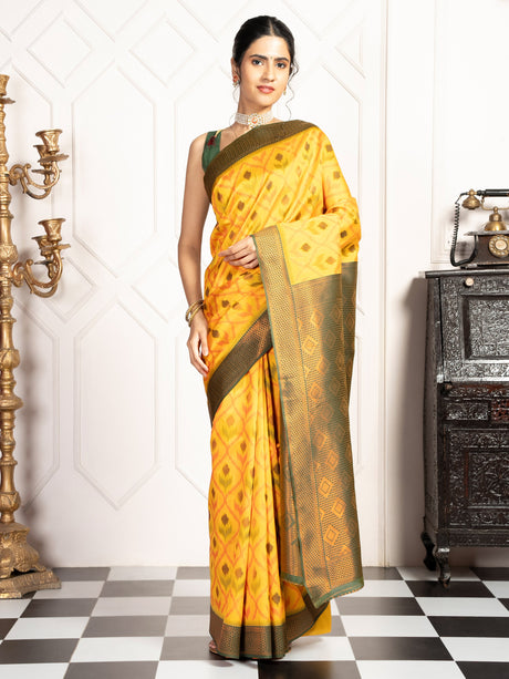 Mimosa Women's Woven Design Pochampally Style Art Silk Saree With Blouse Piece : SA00001953GDFREE