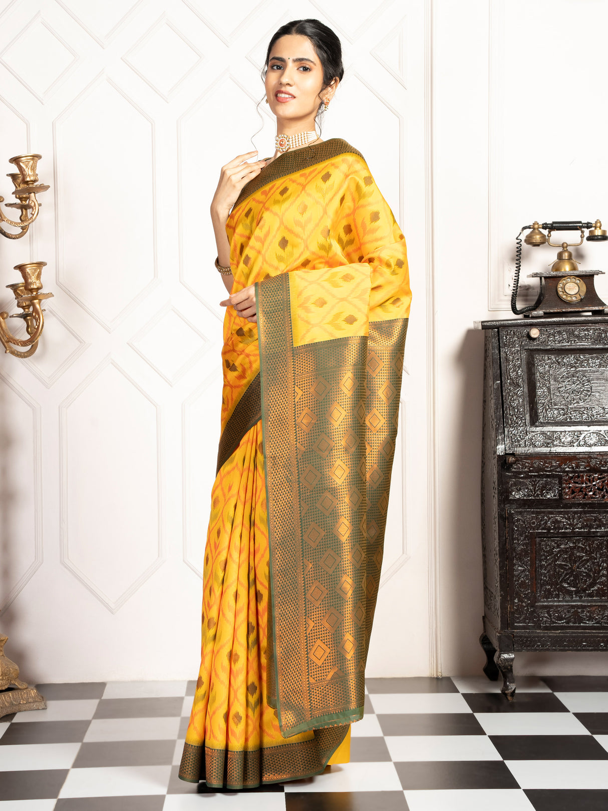 Mimosa Women's Woven Design Pochampally Style Art Silk Saree With Blouse Piece : SA00001953GDFREE