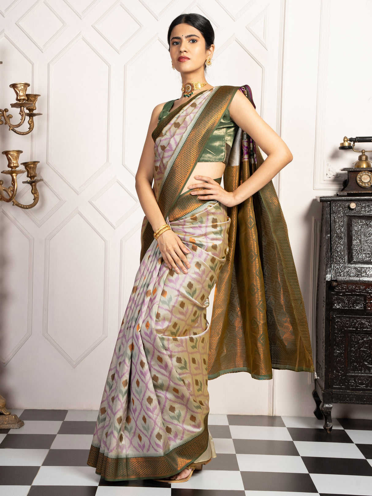 Mimosa Women's Woven Design Pochampally Style Art Silk Saree With Blouse Piece : SA00001953GYFREE