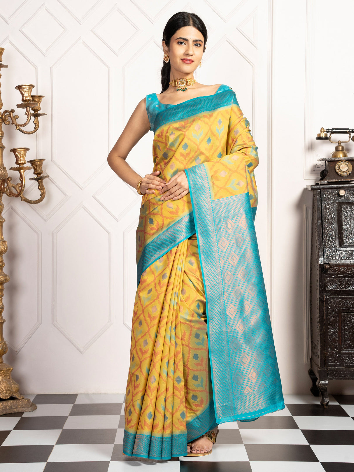 Mimosa Women's Woven Design Pochampally Style Art Silk Saree With Blouse Piece : SA00001953OLFREE