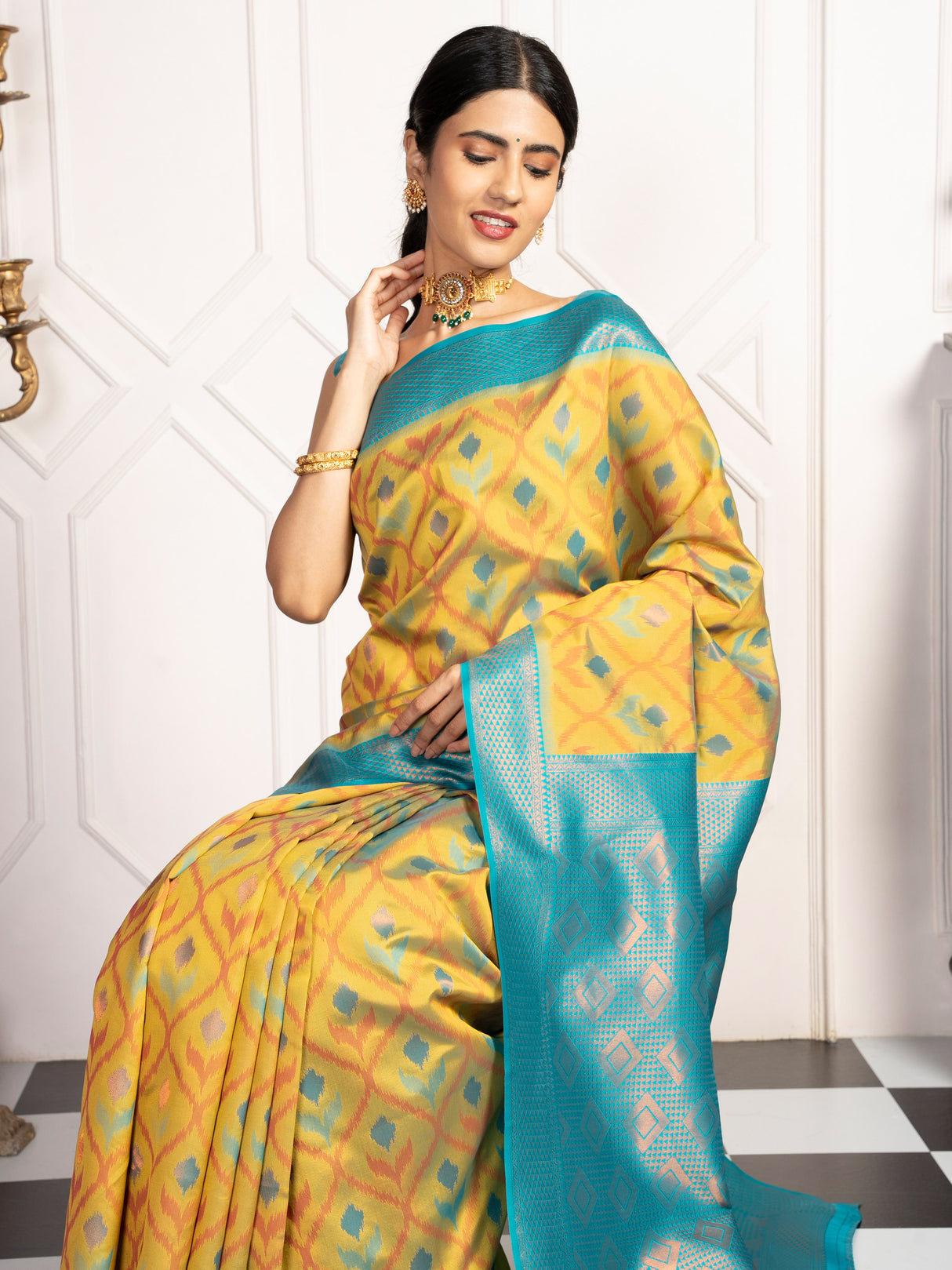 Mimosa Women's Woven Design Pochampally Style Art Silk Saree With Blouse Piece : SA00001953OLFREE