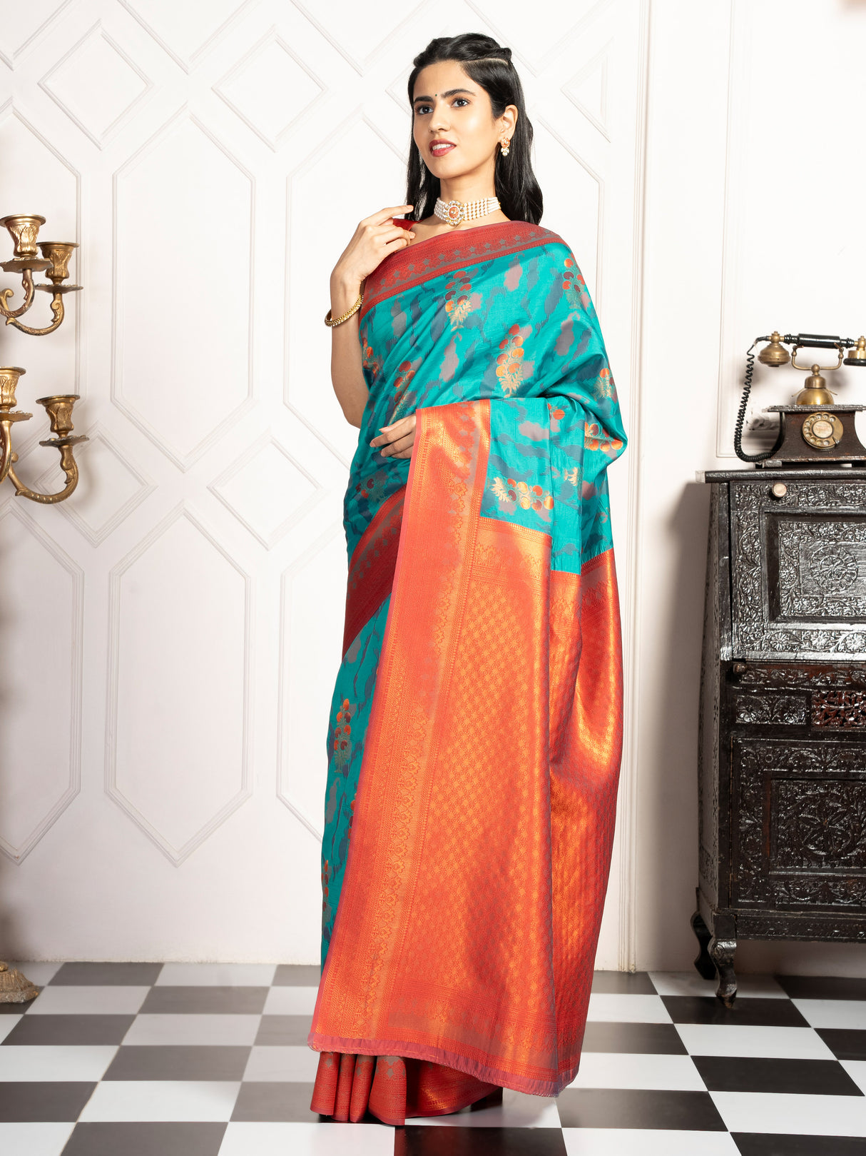 Mimosa Women's Woven Design Pochampally Style Art Silk Saree With Blouse Piece : SA00001983RMFREE