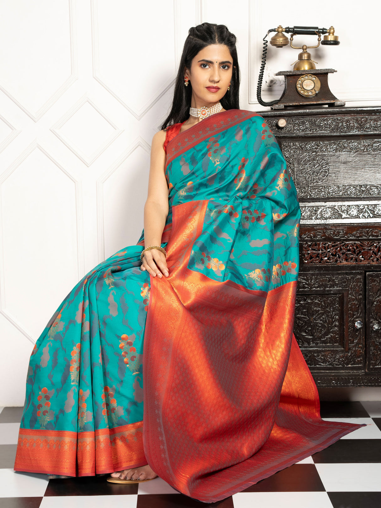 Mimosa Women's Woven Design Pochampally Style Art Silk Saree With Blouse Piece : SA00001983RMFREE