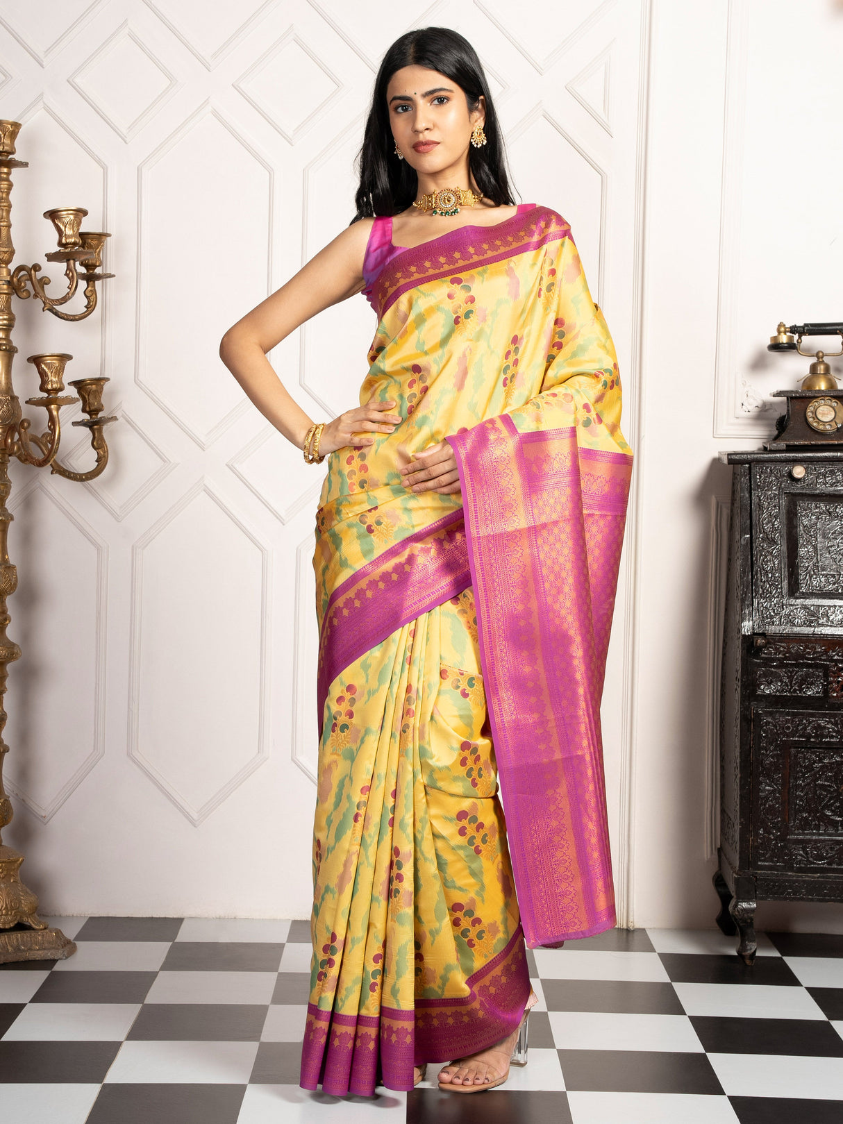 Mimosa Women's Woven Design Pochampally Style Art Silk Saree With Blouse Piece : SA00001983YLWFREE