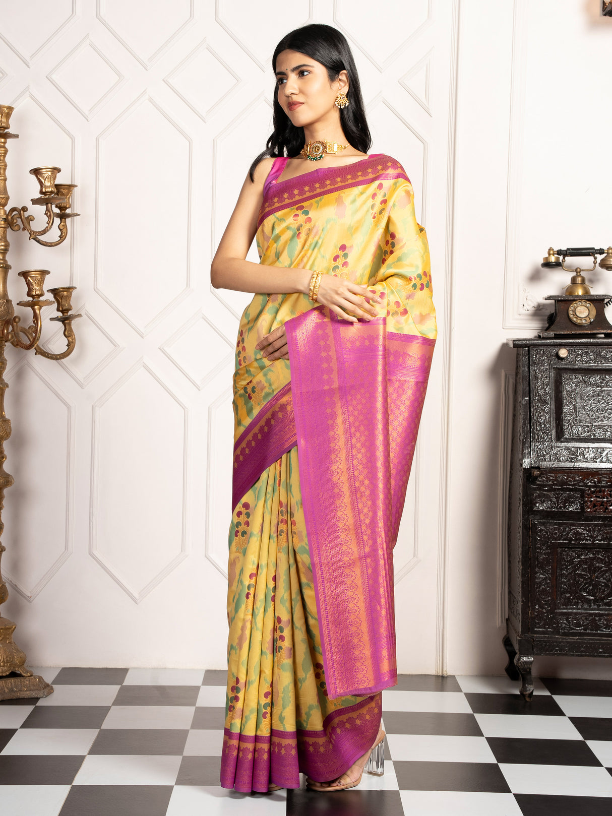 Mimosa Women's Woven Design Pochampally Style Art Silk Saree With Blouse Piece : SA00001983YLWFREE