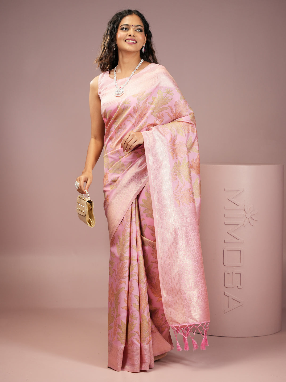 Mimosa Women's Woven Design Banarasi Style Art Silk Saree With Blouse Piece : SA00001987PNKFREE