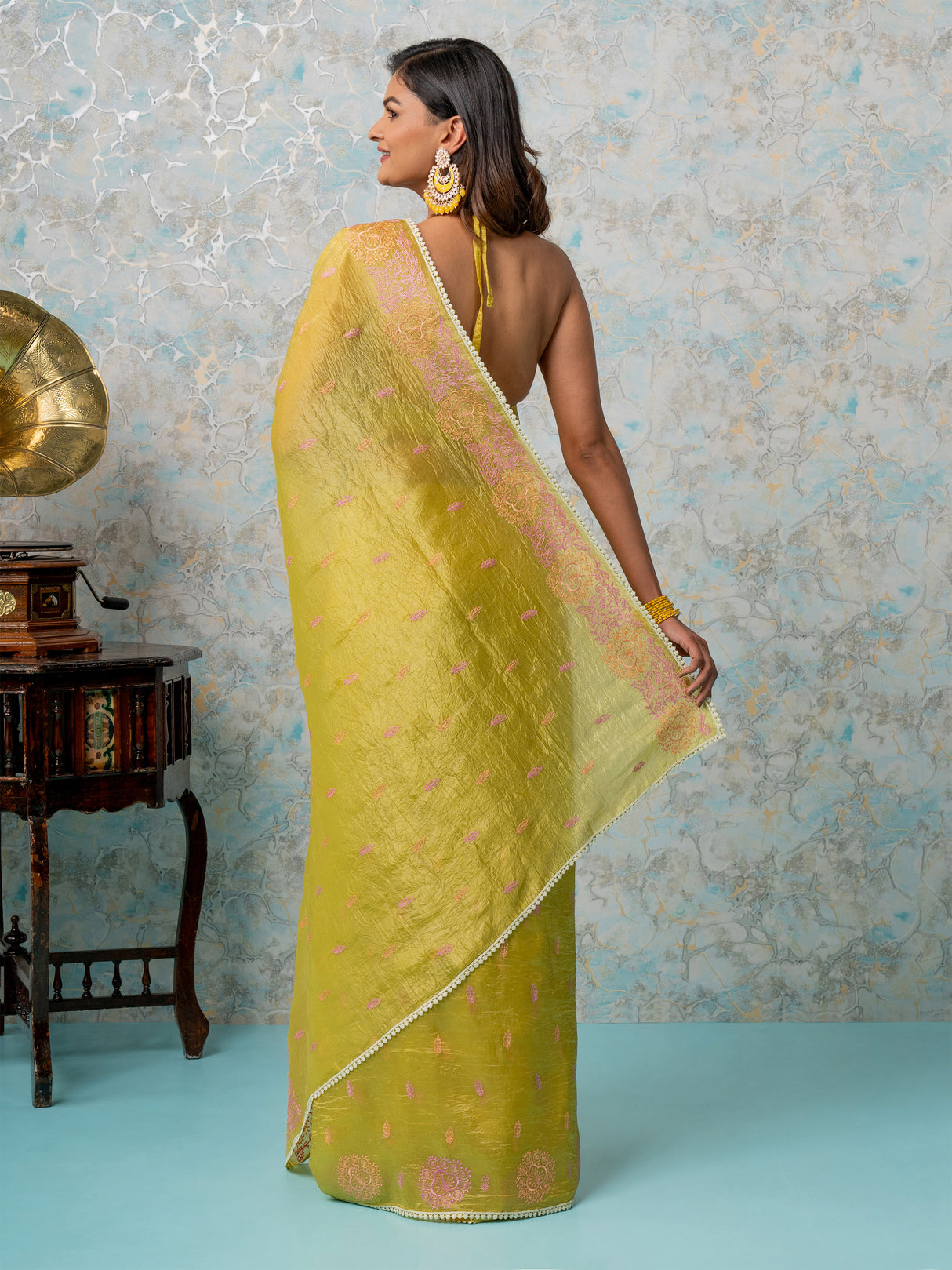 Mimosa Women's Woven Design Banarasi Style Tissue Crush Saree With Blouse Piece : SA00002010GDFREE