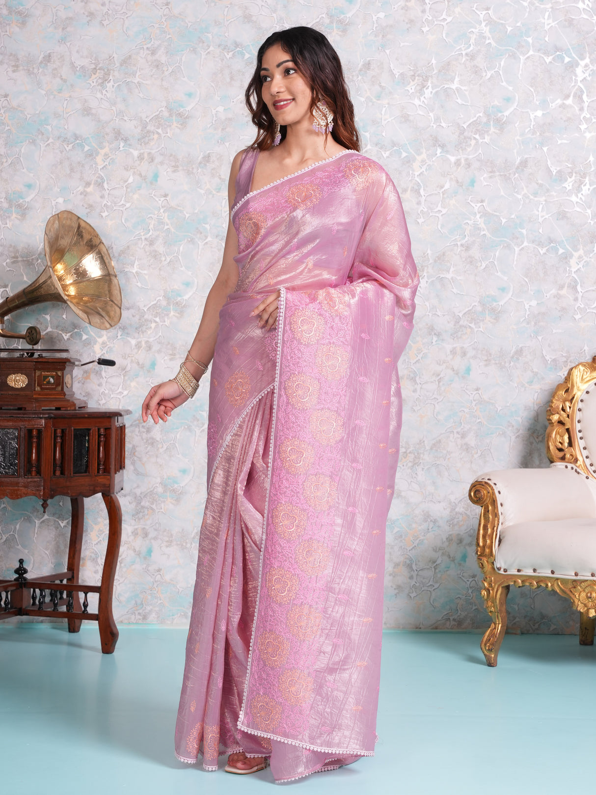 Mimosa Women's Woven Design Banarasi Style Tissue Crush Saree With Blouse Piece : SA00002010PNKFREE