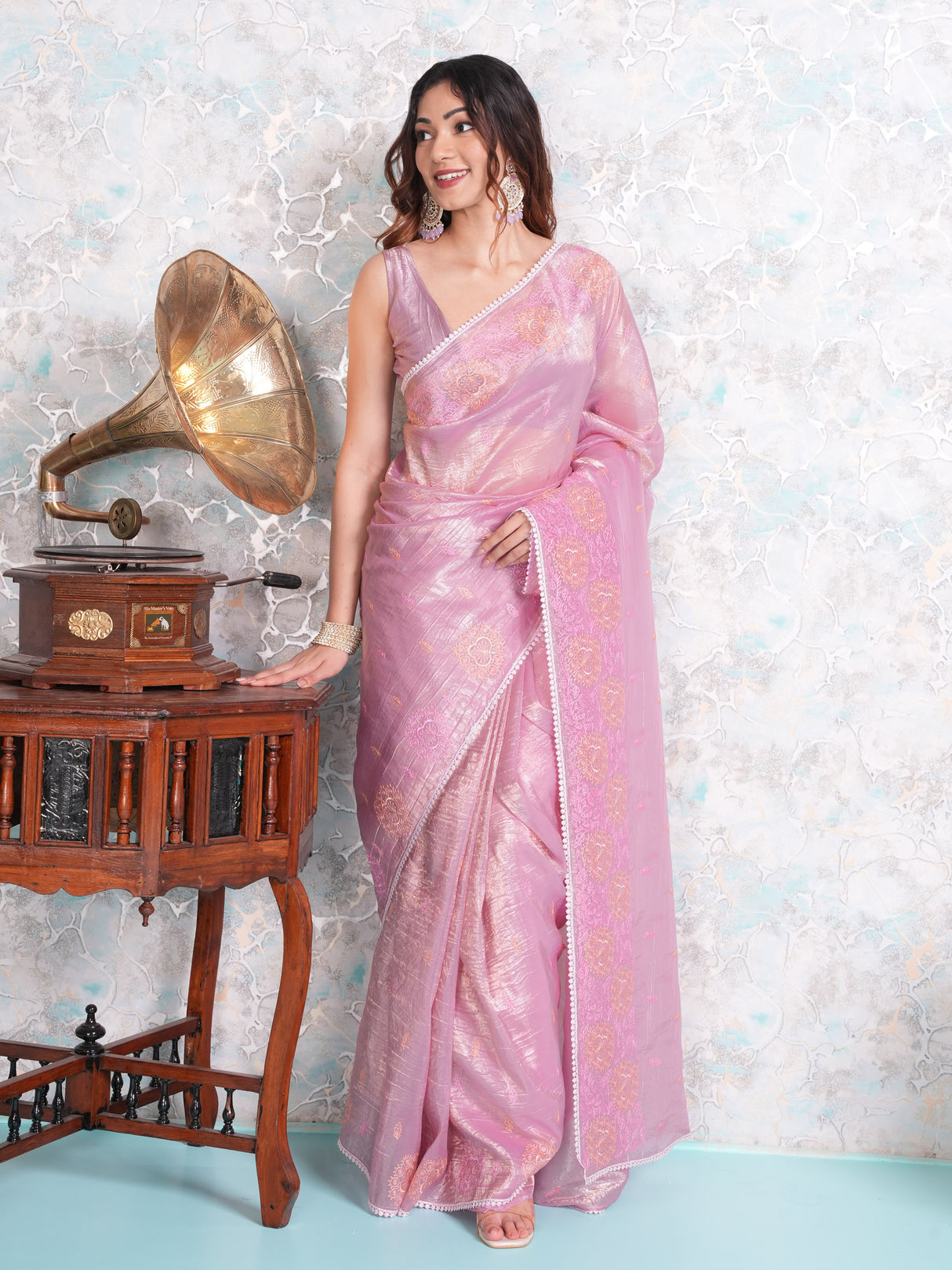 Mimosa Women's Woven Design Banarasi Style Tissue Crush Saree With Blouse Piece : SA00002010PNKFREE