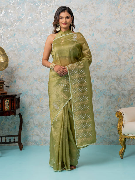 Mimosa Women's Woven Design Banarasi Style Tissue Crush Saree With Blouse Piece : SA00002012OLFREE