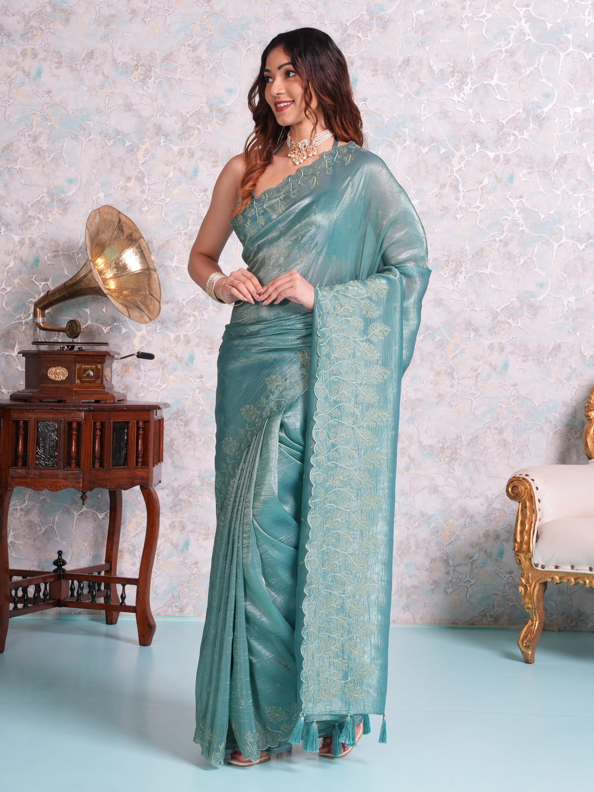 Mimosa Women's Woven Design Banarasi Style Tissue Crush Saree With Blouse Piece : SA00002013SFFREE