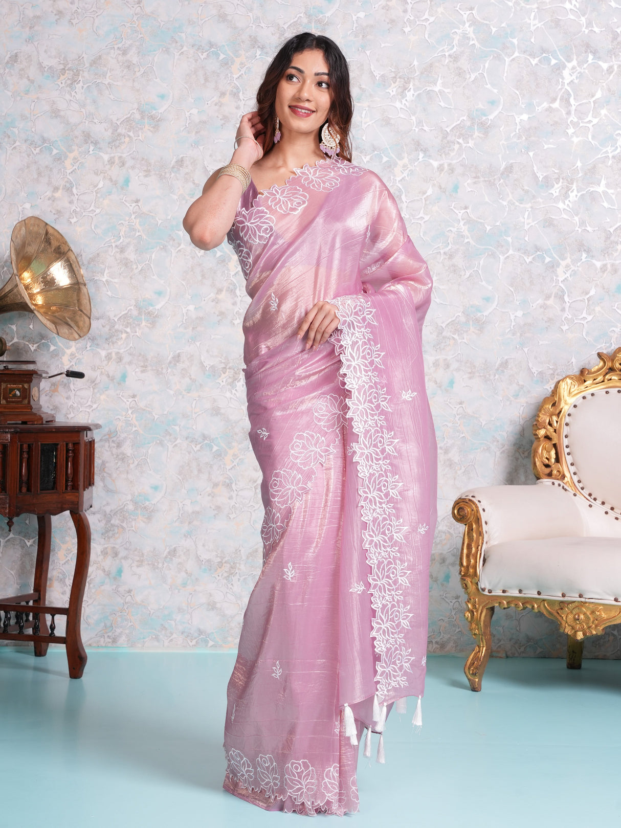 Mimosa Women's Woven Design Banarasi Style Tissue Crush Saree With Blouse Piece : SA00002014PNKFREE