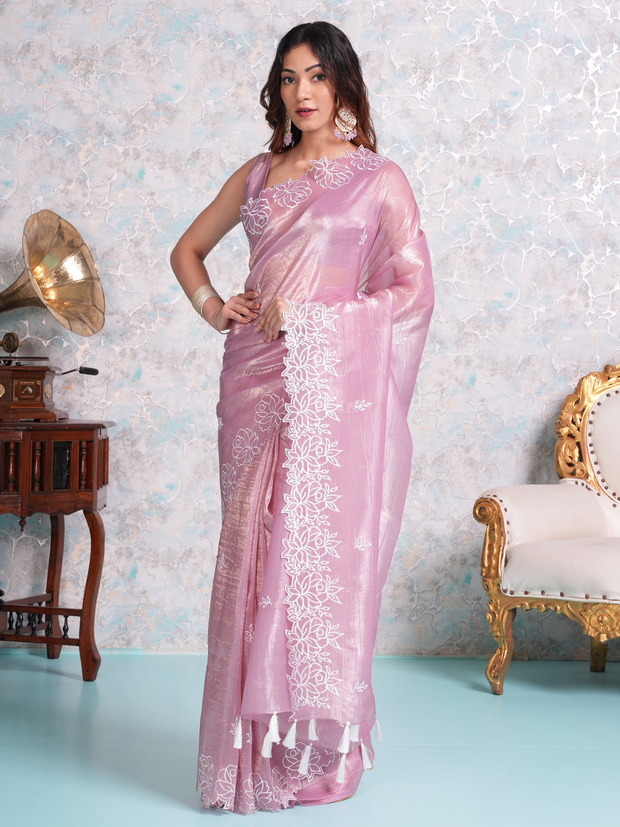 Mimosa Women's Woven Design Banarasi Style Tissue Crush Saree With Blouse Piece : SA00002014PNKFREE