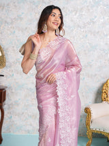 Mimosa Women's Woven Design Banarasi Style Tissue Crush Saree With Blouse Piece : SA00002014PNKFREE