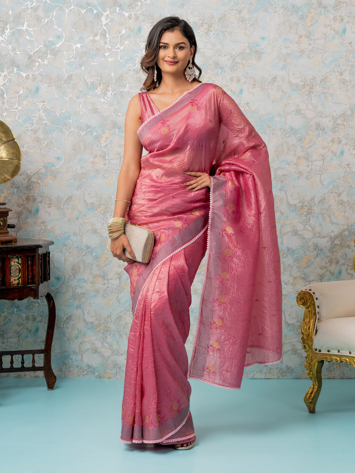 Mimosa Women's Woven Design Banarasi Style Tissue Crush Saree With Blouse Piece : SA00002016STFREE