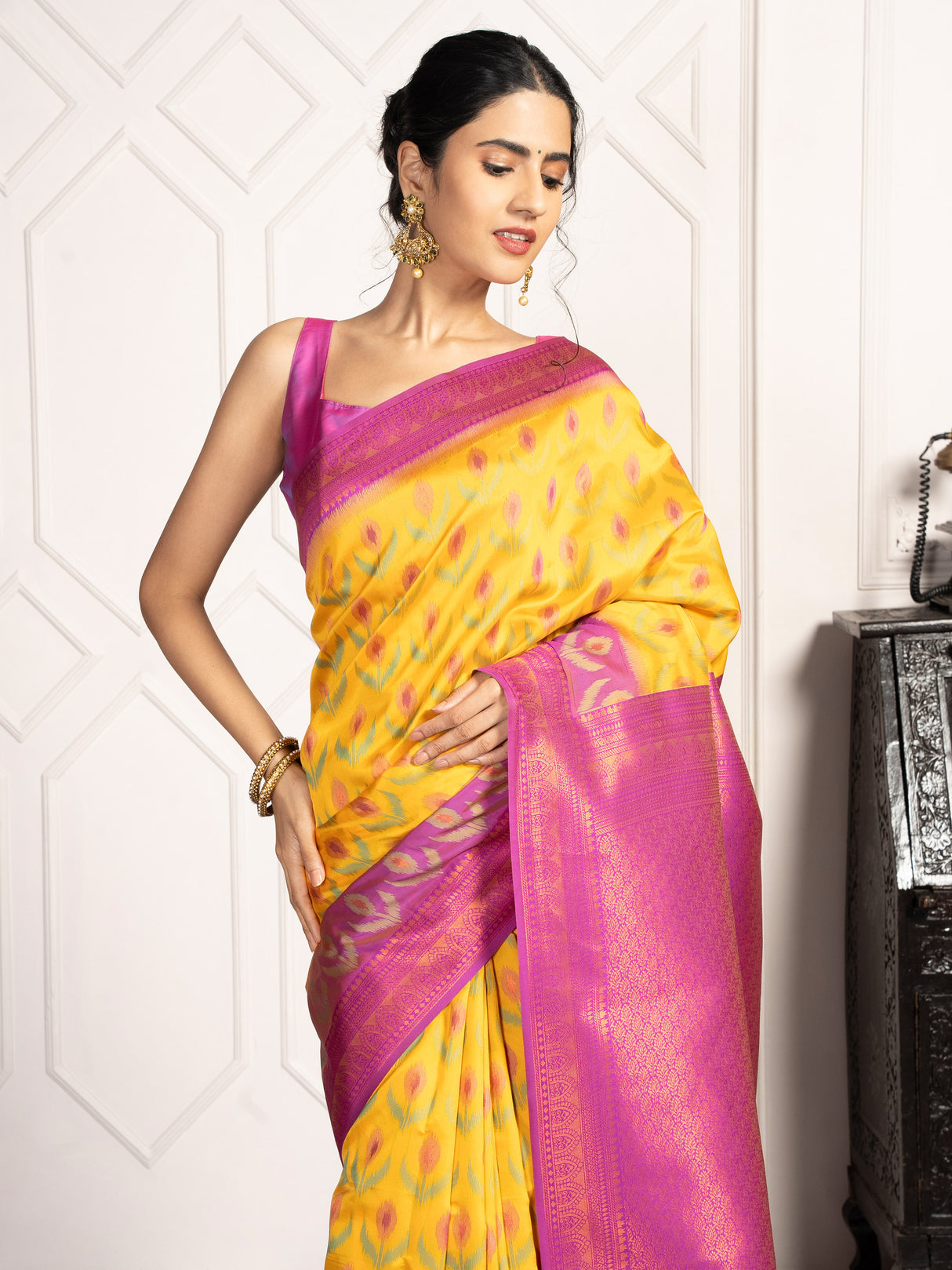 Mimosa Women's Woven Design Pochampally Style Art Silk Saree With Blouse Piece : SA00002059GDFREE