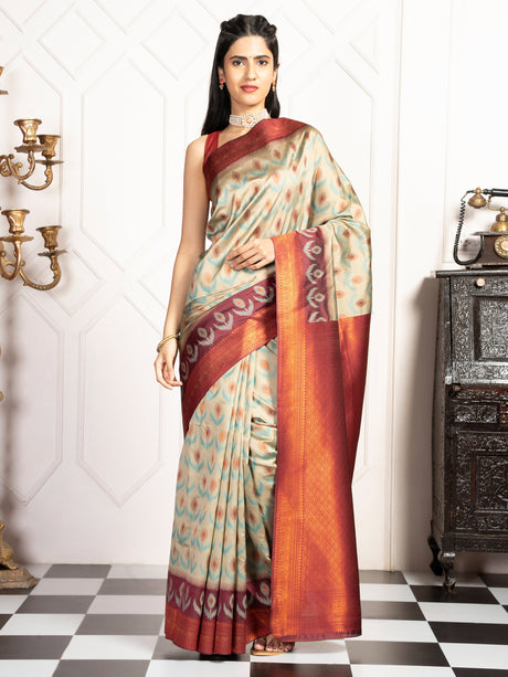 Mimosa Women's Woven Design Pochampally Style Art Silk Saree With Blouse Piece : SA00002059GYFREE