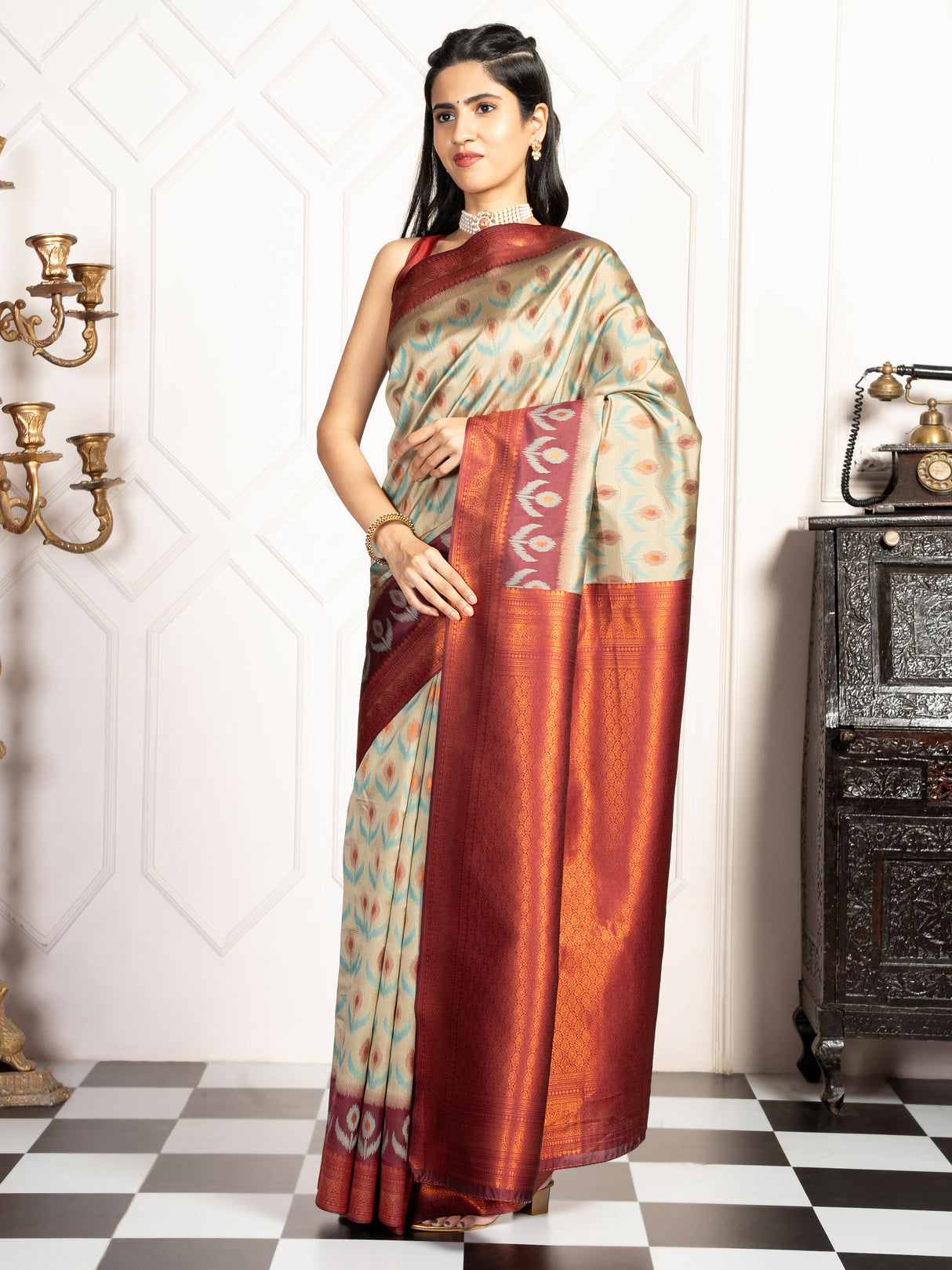 Mimosa Women's Woven Design Pochampally Style Art Silk Saree With Blouse Piece : SA00002059GYFREE