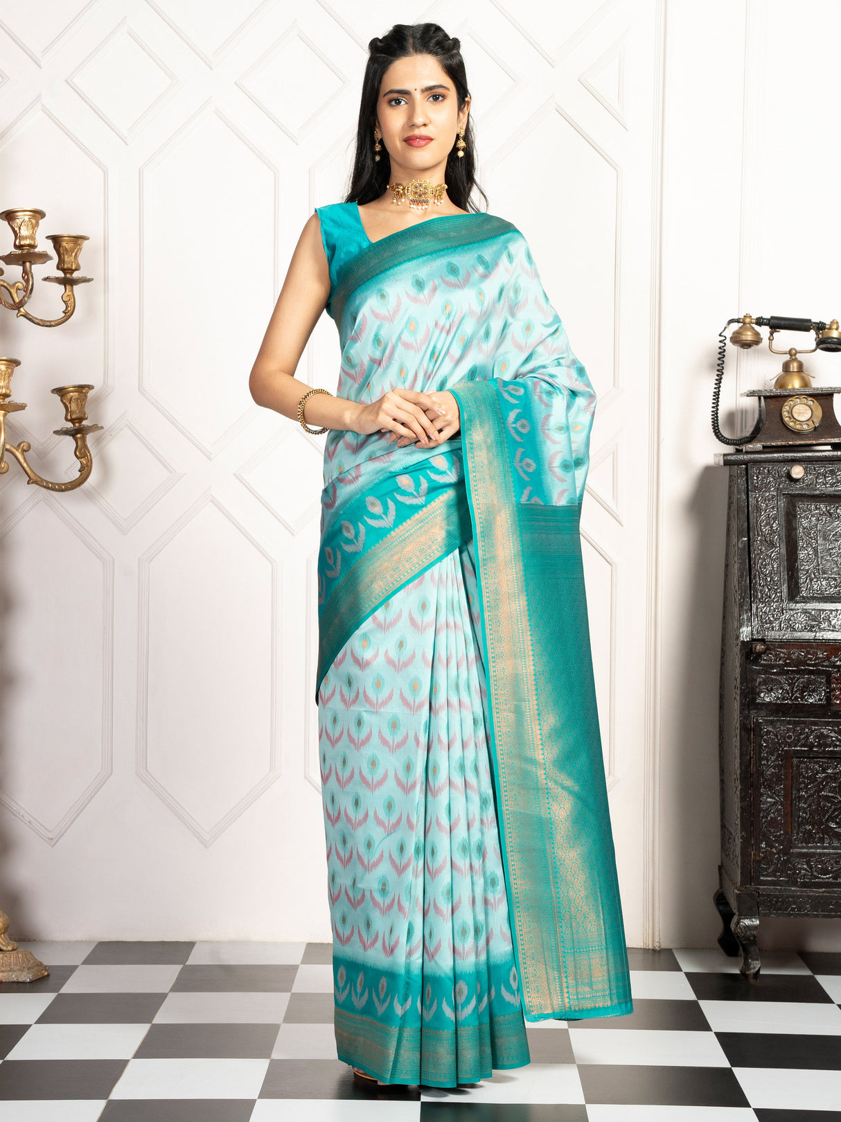 Mimosa Women's Woven Design Pochampally Style Art Silk Saree With Blouse Piece : SA00002059RMFREE