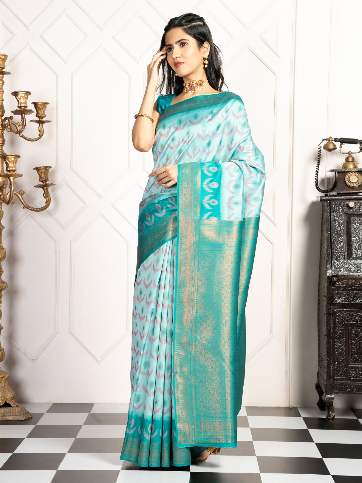 Mimosa Women's Woven Design Pochampally Style Art Silk Saree With Blouse Piece : SA00002059RMFREE