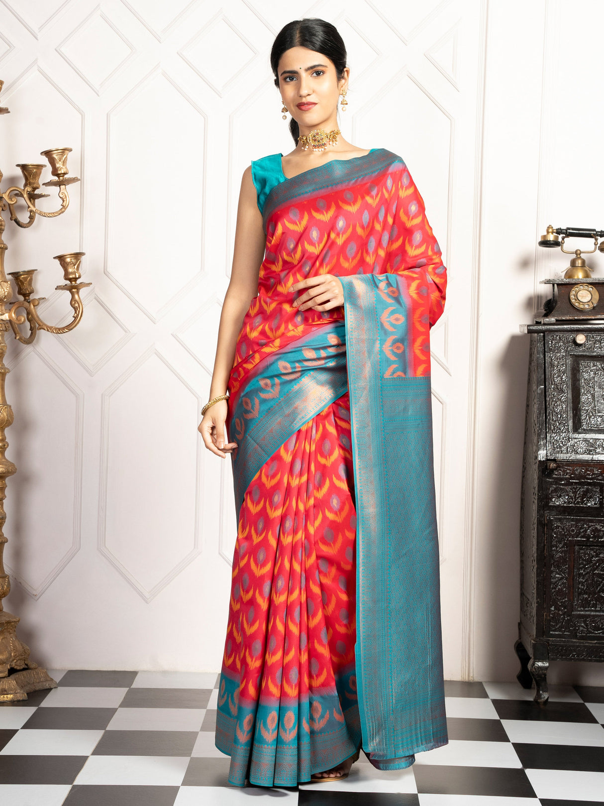 Mimosa Women's Woven Design Pochampally Style Art Silk Saree With Blouse Piece : SA00002059STFREE