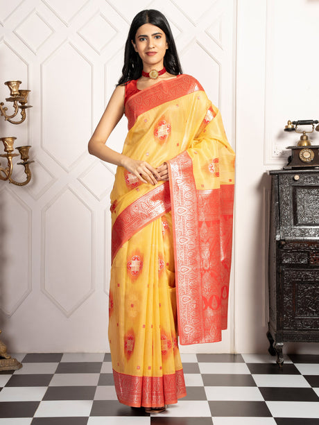 Mimosa Women's Woven Design Kanjivaram Style Art Silk Saree With Blouse Piece : SA00002066GDFREE