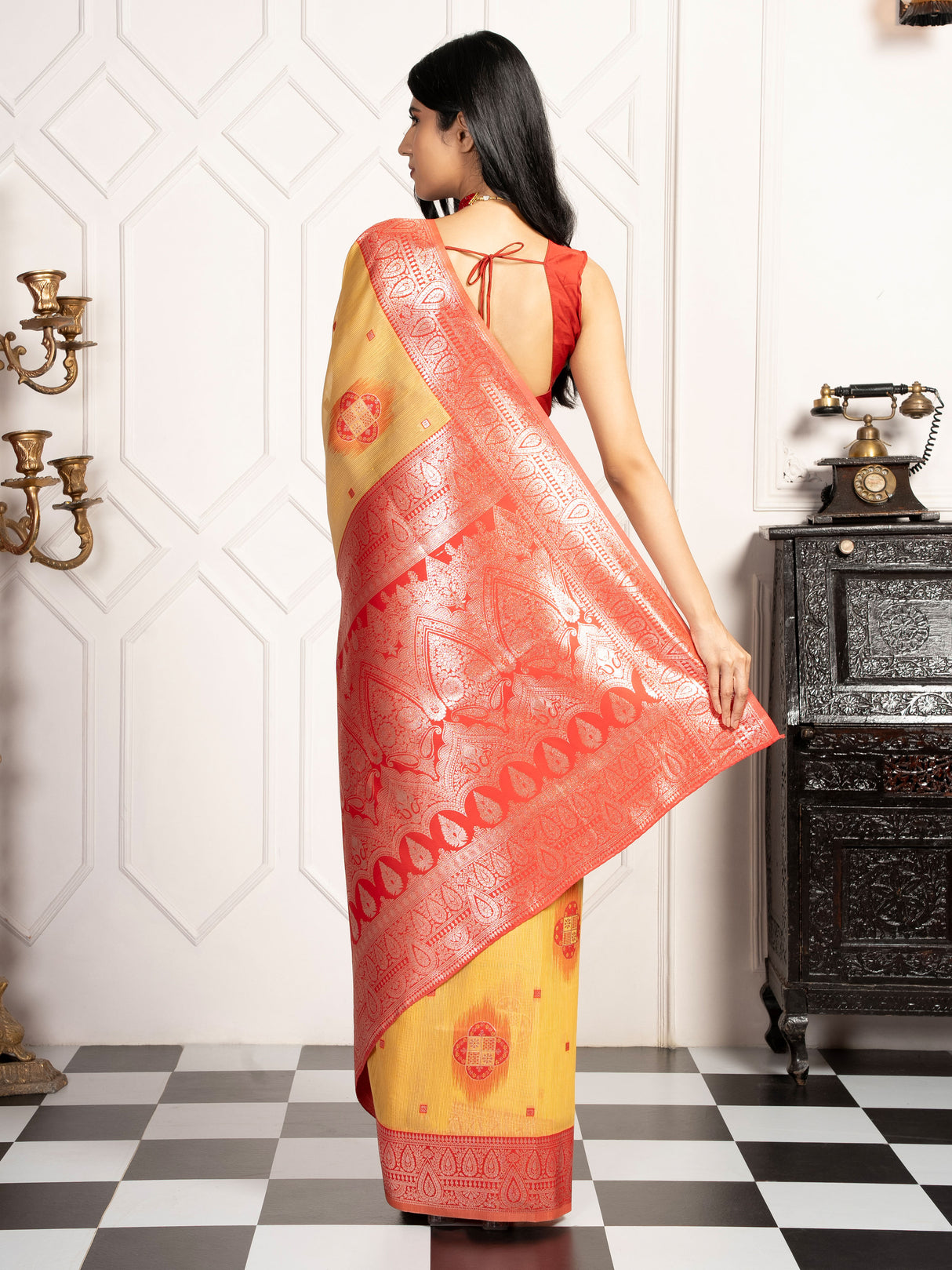 Mimosa Women's Woven Design Kanjivaram Style Art Silk Saree With Blouse Piece : SA00002066GDFREE