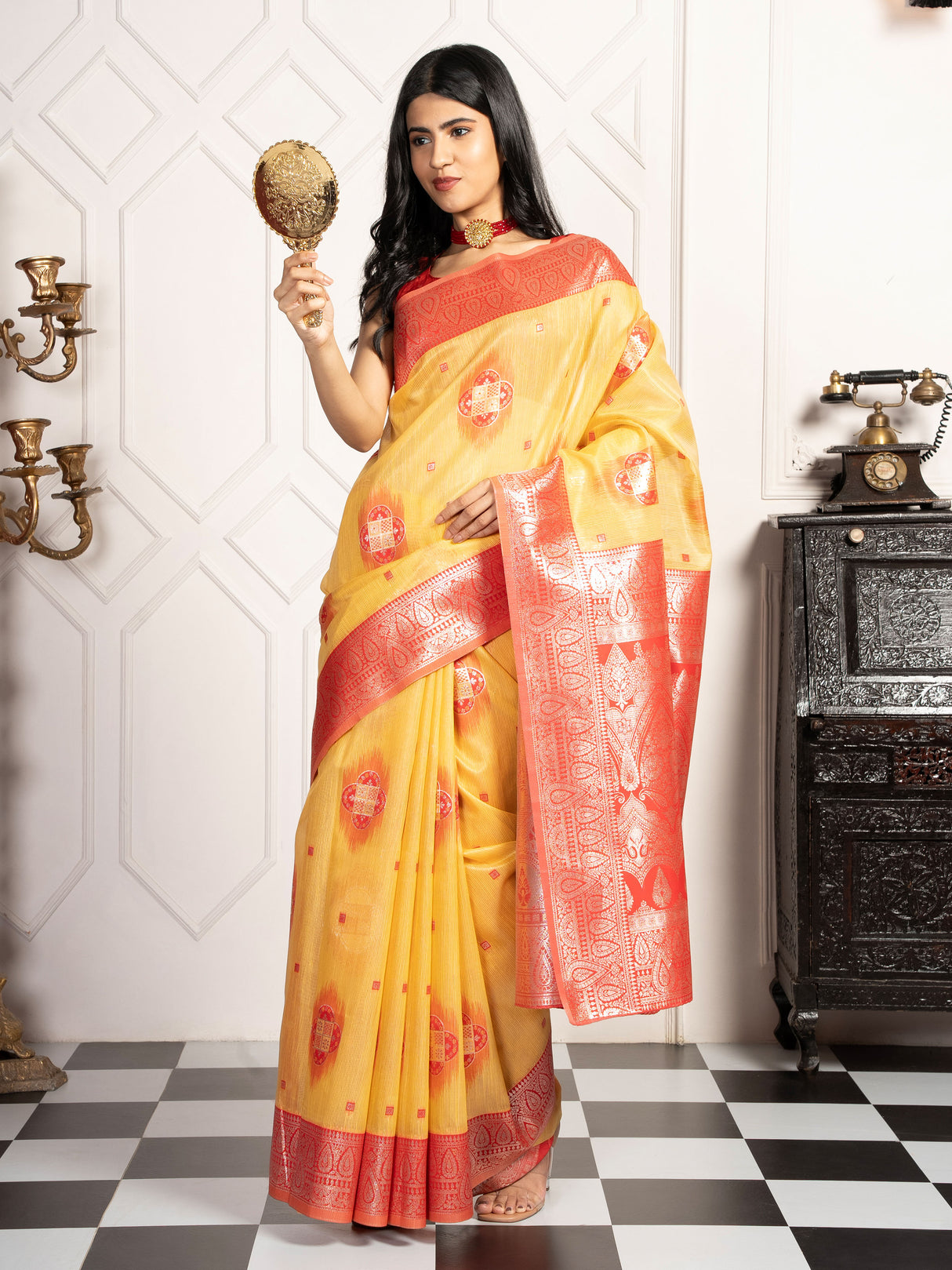 Mimosa Women's Woven Design Kanjivaram Style Art Silk Saree With Blouse Piece : SA00002066GDFREE