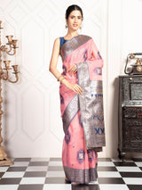 Mimosa Women's Woven Design Kanjivaram Style Art Silk Saree With Blouse Piece : SA00002066PNKFREE